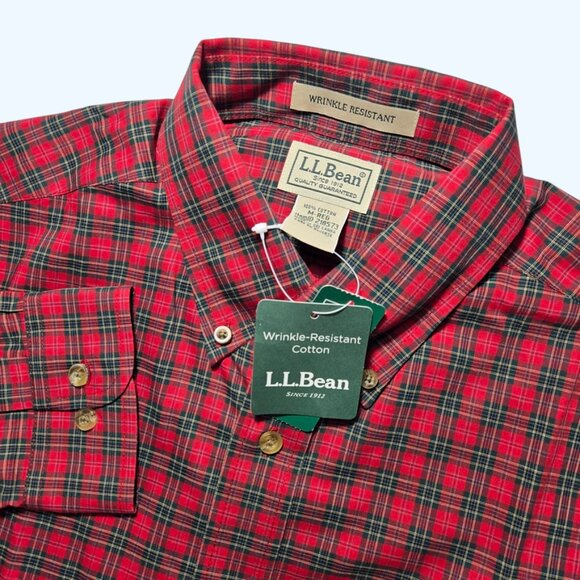 NEW L.L Bean Button Down Shirt Mens Medium Green Red Wrinkle Resistant Christmas - Picture 1 of 6
